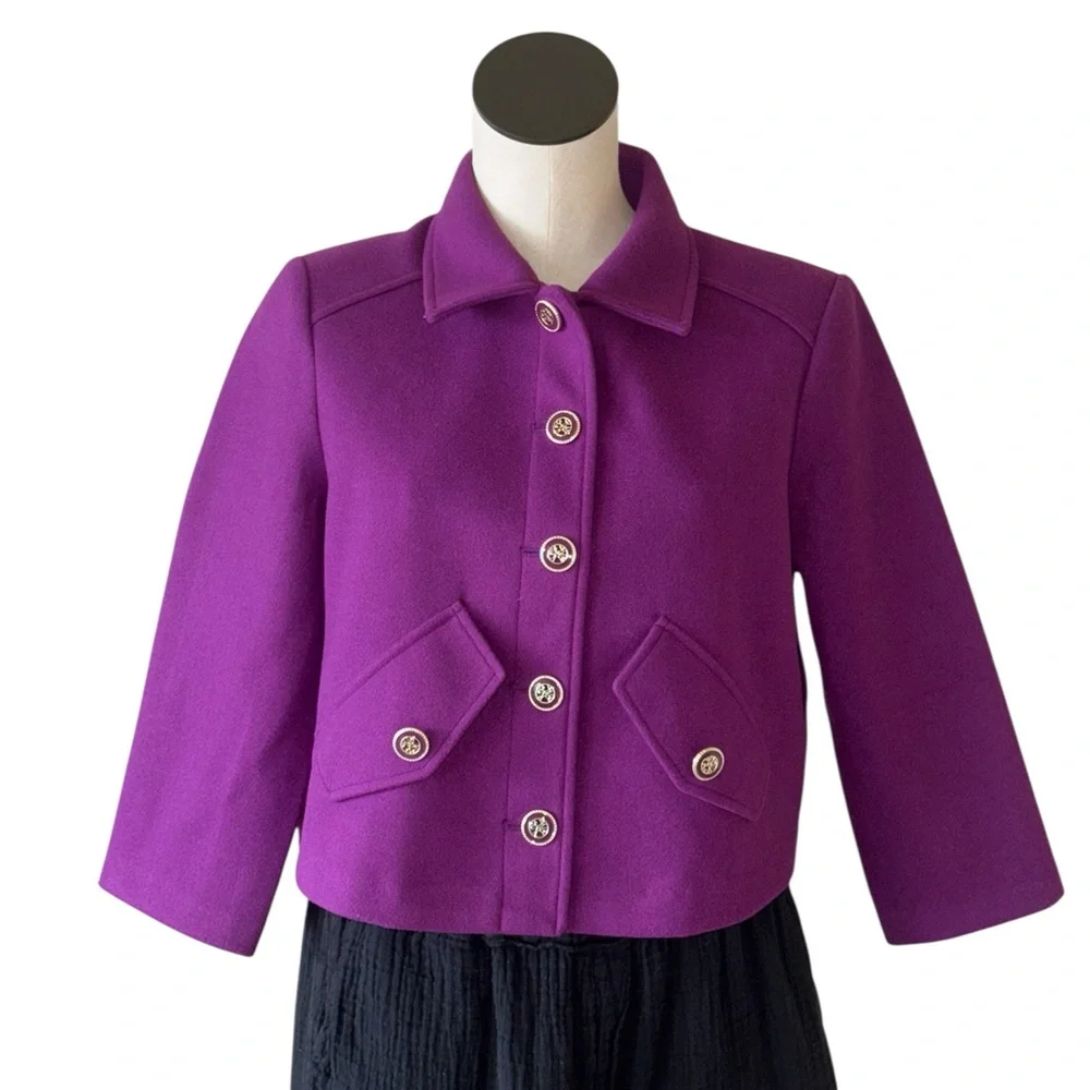 NWOT Carole Wren Purple 3/4 Sleeve Crop Tailored Jacket Coat Embellished Button